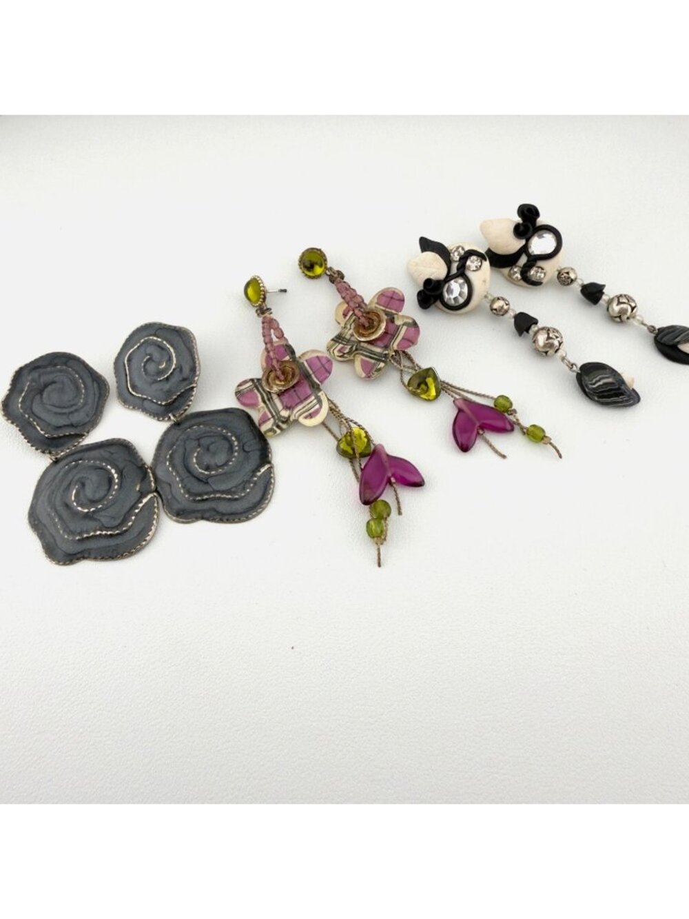 Statement Handmade Dangle Earrings Set of 3 Artisan Rose Floral Mixed Metals